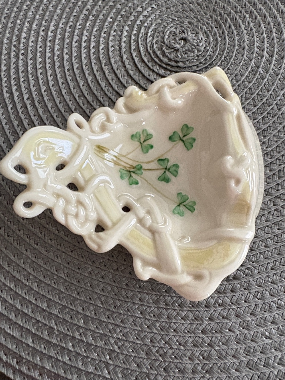 Belleek Cream Ceramic Shamrock Accent Dish - Decorative Trinket Tray
